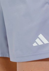 Pantalones cortos atléticos de color gris claro con una textura suave y un dobladillo cosido. Presentan un logo de Adidas en blanco en la parte inferior derecha.