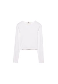 Vit långärmad crop top i mjukt tyg. Har en rund halsringning och en enkel, stilren design utan mönster eller utsmyckningar.