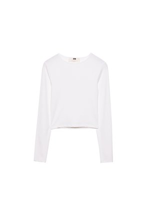 Top corto bianco a maniche lunghe realizzato in tessuto morbido. Presenta un colletto rotondo e un design semplice ed elegante senza alcun motivo o decorazione.