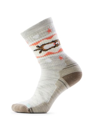 Light gray sock with brown heel and toe, decorated with a horizontal orange and white stripe featuring a playful otter and small orange stars.