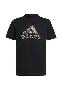 Camiseta de algodón negra con un gran logo de Adidas en estampado de leopardo beige en el frontal. Cuello redondo clásico y mangas cortas.
