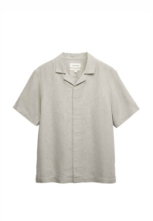 Lysegrå kortærmet skjorte med camp-krave og skjult knaplukning, lavet af tekstureret stof.