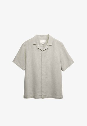 Camicia grigia chiara a maniche corte con colletto a campo e patta con bottoni nascosti, realizzata in tessuto strutturato.