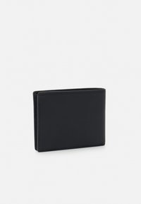 Black leather wallet with a minimalist design, rectangular shape, smooth texture, and subtle stitching, featuring no visible hardware.