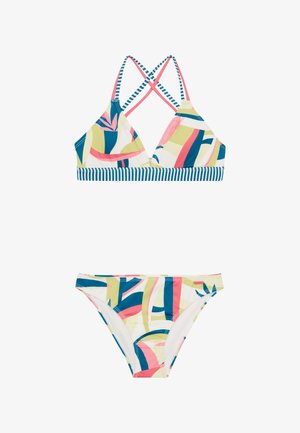 Top de bikini triangular y braguitas a juego en patrones abstractos coloridos. El material es suave, con acentos en azul, rosa y verde. Detalles a rayas.