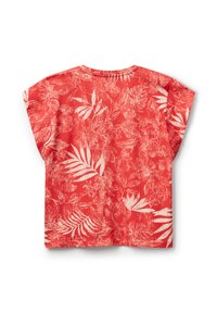 Top corto rojo de manga corta con un patrón floral en blanco, que presenta un corte relajado y un escote redondo. Fabricado con una tela ligera.