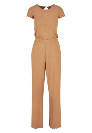 Ensemble deux pièces côtelé beige comprenant un haut à manches courtes avec un col rond et des bords festonnés, associé à un pantalon à jambe large.