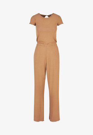 Tan ribbed two-piece set featuring a short-sleeve top with a rounded neckline and scalloped edges, paired with wide-leg pants.
