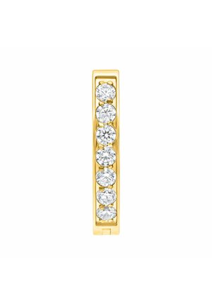 Gold earring set with six round clear gemstones aligned vertically in a sleek, narrow metal frame.