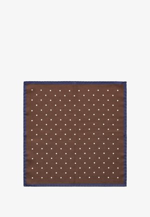 Bruin stoffen vierkant met witte stippen, omzoomd met een donkerblauwe bies. Het materiaal lijkt textuur en geweven te zijn. Afmetingen niet gespecificeerd.