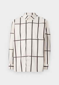 Camisa abotoada em creme com um padrão de grelha castanho forte, apresentando colarinho, mangas longas e um bolso no peito. Material em algodão.