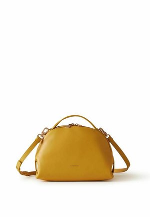Small mustard yellow leather handbag with a top handle, adjustable shoulder strap, and zip closure on a white background.