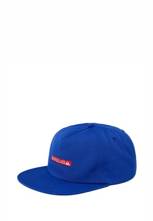 Casquette bleue en coton avec une visière plate. Présente une étiquette logo rouge avec "QUICKSILVER" à l'avant. Design simple, construction à six panneaux.