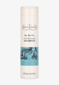 Slank hvid flaske med fugtgivende shampoo, der har en lyseblå etiket med en sort illustration af en kvinde og produktdetaljer. 250 ml.