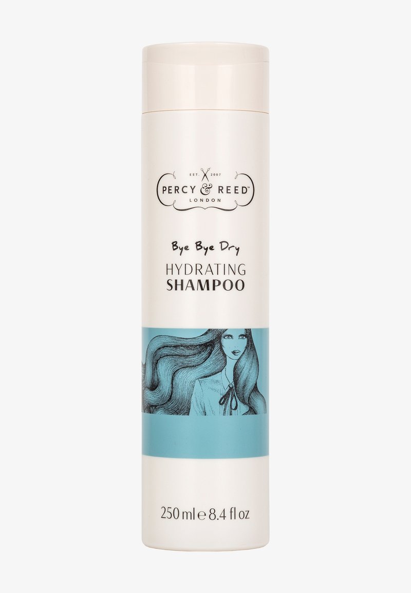 Slank hvid flaske med fugtgivende shampoo, der har en lyseblå etiket med en sort illustration af en kvinde og produktdetaljer. 250 ml.