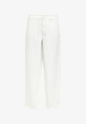 Jean blanc à jambe droite avec fermeture devant par bouton et zip, passants pour ceinture et style cinq poches.