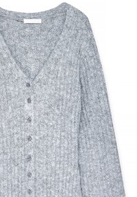 Gray knitted cardigan featuring a V-neck, ribbed texture, and six front buttons in a slightly darker shade. Soft fabric with long sleeves.