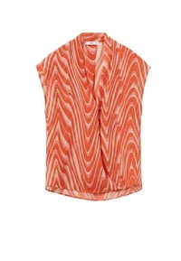 Top a maniche corte, modello avvolto, di colore arancione con motivi ondulati bianchi. Realizzato in tessuto leggero con una texture liscia.