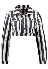 Kort jeansjacka med vertikala marinblå och vita ränder, knappar framtill, krage och två bröstfickor. Figursydd design med långa ärmar.