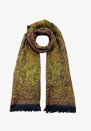 Écharpe à motif paisley vert et marron avec des bords frangés ; fabriquée en tissu doux, présentant des motifsintriqués et des variations de texture.