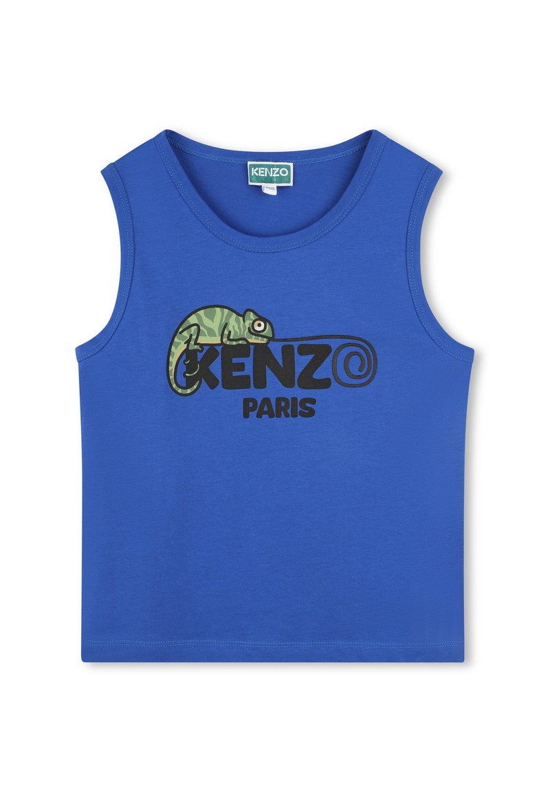 Débardeur bleu sans manches avec un col rond. Présente un graphique de caméléon et le texte "KENZO PARIS" en noir gras. Fabriqué en tissu lisse.