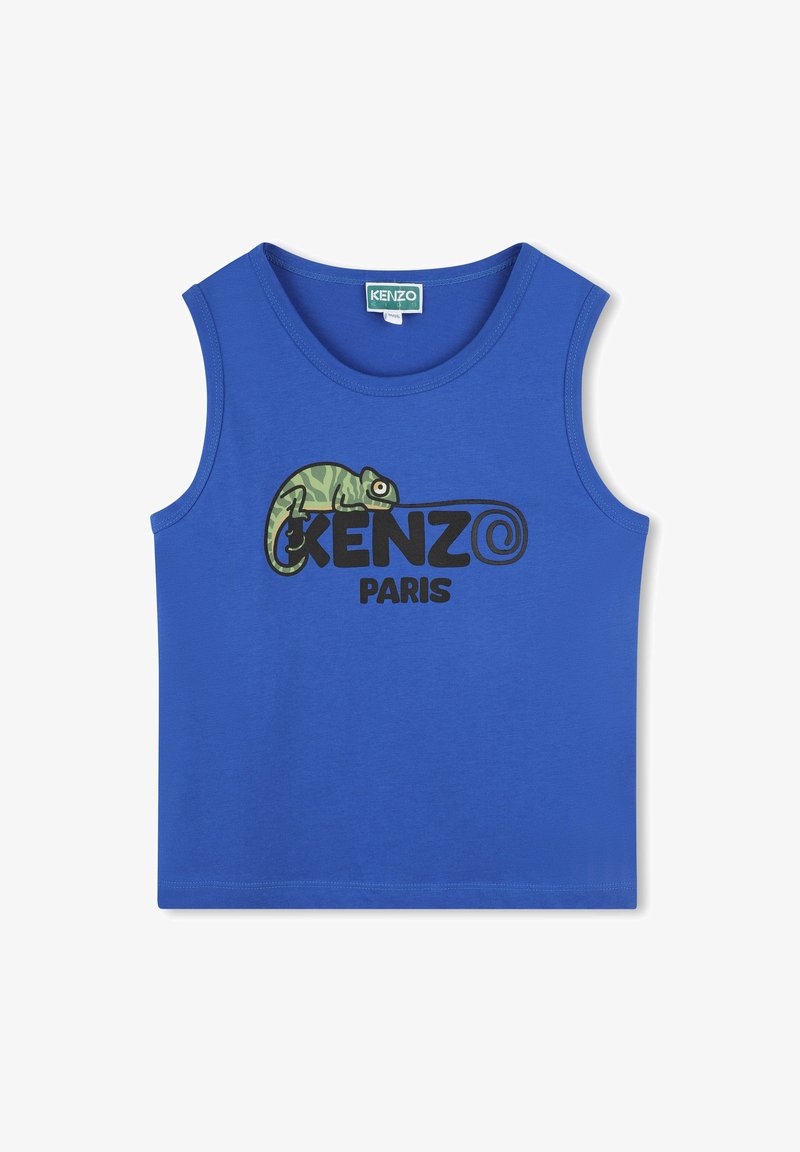Débardeur bleu sans manches avec un col rond. Présente un graphique de caméléon et le texte "KENZO PARIS" en noir gras. Fabriqué en tissu lisse.
