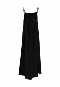 Robe maxi noire avec des bretelles spaghetti, décolleté froncé et tissu texturé. Présente une coupe ample et descend jusqu'au sol.