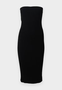 Μαύρο αμάνικο πλεκτό μίντι φόρεμα με εφαρμοστή σιλουέτα, το οποίο παρουσιάζεται σε ουδέτερο λευκό φόντο.