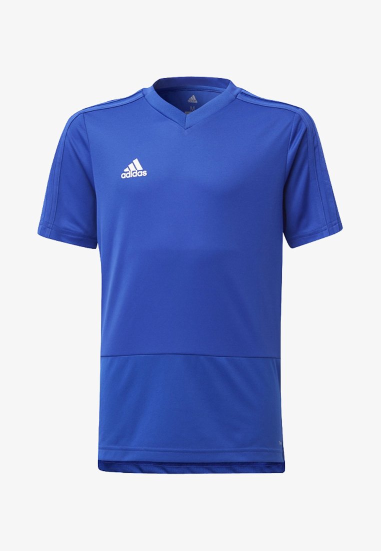 Blaues Sporttrikot aus leichtem Stoff, mit V-Ausschnitt, kurzen Ärmeln und einem Adidas-Logo oben links.
