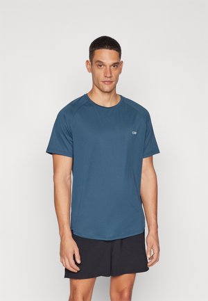 Men’s athletic shirt in dark blue, short sleeves, round neckline, and a textured finish. Features a small branding logo on the chest.