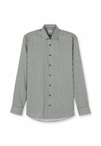 Long-sleeve button-up shirt featuring vertical black and white stripes, a pointed collar, and contrasting cuff accents. Cotton blend material.