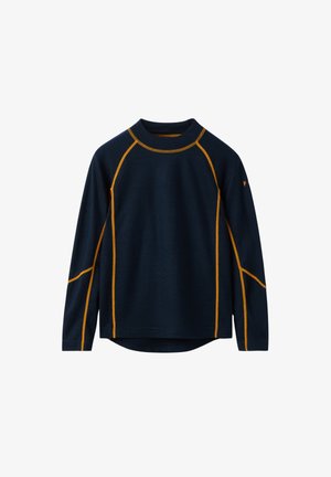 Marineblauwe lange mouwen shirt met oranje stiksels langs de naden, ronde hals en een licht gebogen zoom.