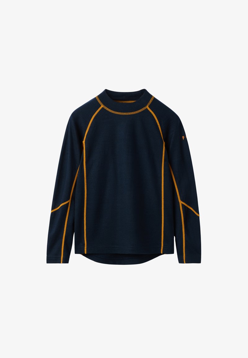 Dunkelblaues Langarmshirt mit orangefarbenen Nähten entlang der Nähte, Rundhalsausschnitt und leicht abgerundetem Saum.