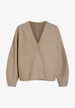 Beige ulden langærmet cardigan med brede ærmer og dyb V-hals, med åben front og omslagsdesign.