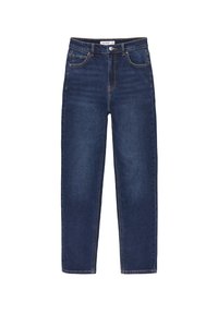 Jeans de mezclilla azul oscuro con un diseño de pierna recta, cinco bolsillos y costuras amarillas. Presenta un cierre frontal con botón y cremallera.