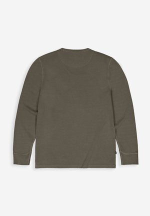 Plain olive green long-sleeve shirt shown from the back with crew neckline and ribbed cuffs on sleeves.