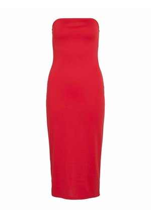 Vestido midi rojo sin tirantes, confeccionado en una tela suave y elástica. Silueta ajustada con un escote recto y dobladillo a la altura de la rodilla.