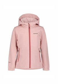 Helle rosa Softshell-Jacke mit Reißverschluss vorne, verstellbarem Kapuze, zwei Reißverschlusstaschen und elastischen Bündchen. Mit Logo in der Nähe der Schulter.