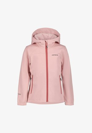 Light pink softshell jacket with a zip front, adjustable hood, two zippered pockets, and elastic cuffs. Features logo near the shoulder.