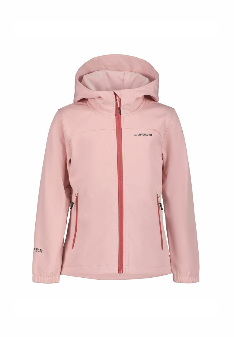 Light pink softshell jacket with a zip front, adjustable hood, two zippered pockets, and elastic cuffs. Features logo near the shoulder.