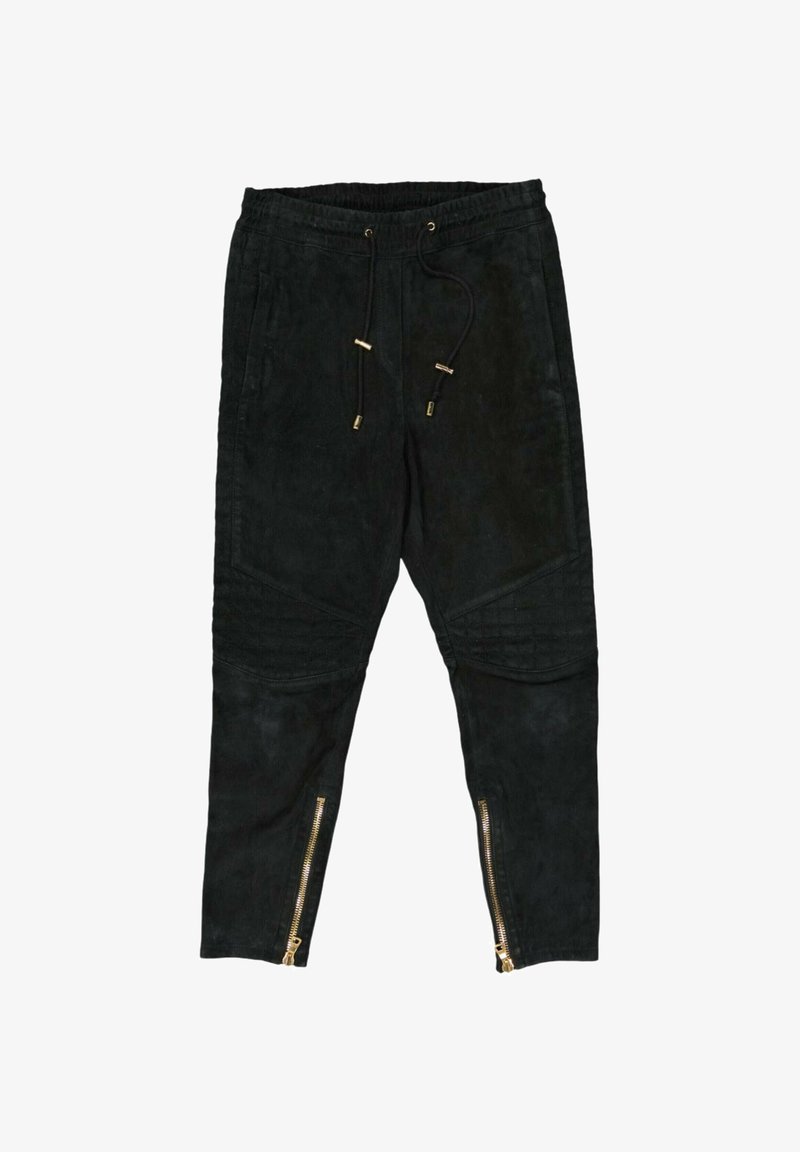 Pantalon de jogging noir avec taille à cordon, panneaux matelassés aux genoux et fermetures éclair dorées au bas des jambes.