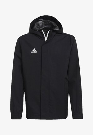 Giacca nera con cappuccio realizzata in tessuto leggero. Presenta polsini elasticizzati, una zip completa e un logo Adidas bianco sul petto sinistro.