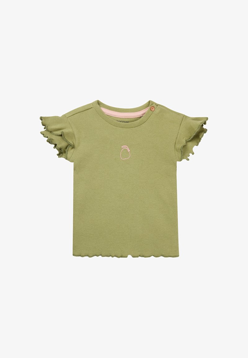 Grün gestreiftes kurzärmliges Shirt mit Rüschensleeves, ausgestattet mit einem pinken Kragen und einem kleinen bestickten Obstmotiv auf der Vorderseite.