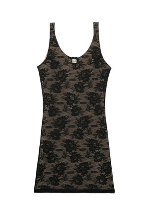Abito senza maniche in pizzo nero con motivo floreale, testo "GCDS" e piccolo personaggio dei cartoni vicino allo scollo su sfondo beige.