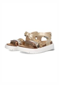 Brown and gold sandals with animal print, metallic accents, adjustable straps, and a white rubber sole. Textured upper and cushioned footbed.