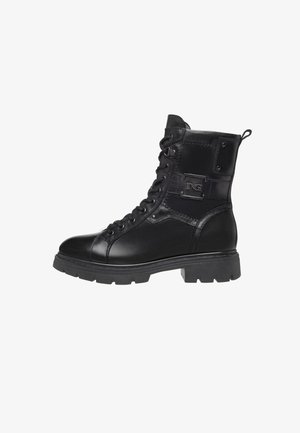 Schwarze Schnür-Stiefeletten aus glattem Leder mit gepolstertem Kragen, Gummisohle, Logodetail und Metallösen.