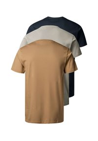 Tri jednobojne majice kratkih rukava u bež, svijetlo sivoj i crnoj boji, prikazane s leđa i složene okomito.