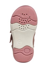 Suola di scarpa per bambini rosa e bianca con motivo a onde, fori di ventilazione, marchi "FLEXY SYSTEM" e "GEOX", taglia 19 mostrata.