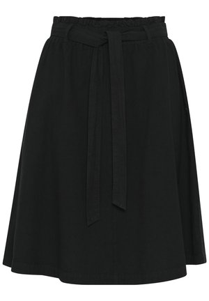 Schwarzer Baumwollrock mit elastischem Taillenbund, gebundenem Gürtel und A-Linienform. Glatte Textur und knielanges Design.