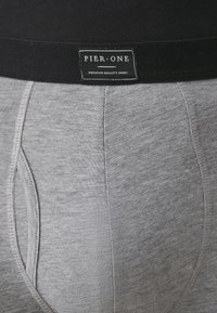 Sive pamukaste bokserice s crnim elastičnim pojasom na kojem se nalazi oznaka "PIER-ONE PREMIUM QUALITY GOODS." Tekstura tkanine.